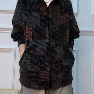 Cardigan en molleton tricoté style rétro américain, <span class=keywords><strong>sans</strong></span> <span class=keywords><strong>capuche</strong></span>, col montant, à carreaux colorés, pour automne-hiver, streetwear - Product Image 3