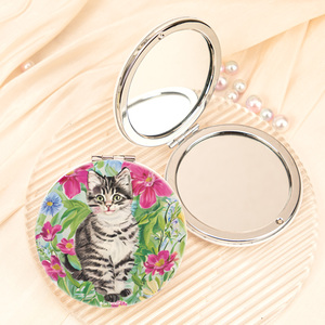 Miroir de poche compact HD double face pliable en similicuir vintage avec logo personnalisé, motif chat floral, pour vente en gros - Product Image 2