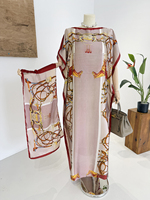 Robe longue de luxe en satin de soie, élégante, style boubou africain, abaya musulmane, imprimé chaîne vintage, kaftan brillant, avec foulard assorti