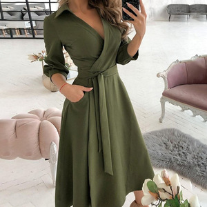 Nuovo Abito da Donna alla Moda <span class=keywords><strong>con</strong></span> Maniche Lunghe, Scollo a V, Stampa e Vestibilità Aderente, Abito Camicia <span class=keywords><strong>con</strong></span> Risvolto di Alta Qualità - Product Image 5