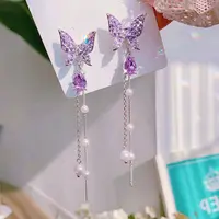 Stq — boucles d'oreilles en argent à aiguille en argent pour femmes, bijoux longs pampilles, en cristal violet, papillon, à deux Usage et en diamant