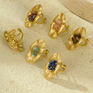 خاتم مفتوح من الحجر الطبيعي بشكل بيضاوي من NIMAI، مجوهرات ضخمة من الفولاذ المقاوم للصدأ مطلية بالذهب مقاومة للماء مع أحجار كريمة، مقاس حر - Product Image 1