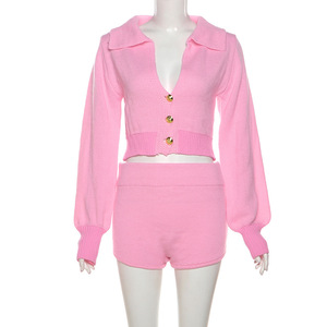Completo da donna 2 pezzi in maglia stile 2026: <span class=keywords><strong>felpa</strong></span> girocollo tinta unita e pantaloncini casual <span class=keywords><strong>con</strong></span> bottoni, per l'estate 2026 - Product Image 5