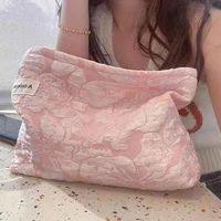 Tas Kosmetik Datar Berhias Bunga Katun, Ringan dan Portabel, Kantong Makeup untuk Perjalanan dengan Motif Bunga untuk Wanita, Penggunaan Sehari-hari
