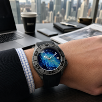 Montre de Plongée Automatique Noire Personnalisée pour Homme 42mm avec Aiguilles Lumineuses, Bracelet en Cuir Bleu, Étanche 50 Bar, Logo Personnalisé