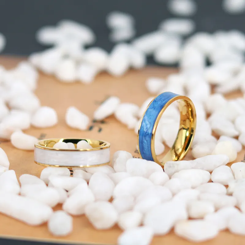 Cincin jari bergambar tetesan minyak biru dan putih cincin kerajinan baja tahan karat berlapis emas 18K cincin jari indeks sederhana untuk wanita