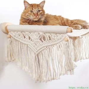 Muebles para Gatos de Alta Calidad, Cama Hamaca para Gatos Montada en la Pared con Estante de Madera y Cuerda de Algodón para Dormir y Escalar en Interiores - Product Image 3