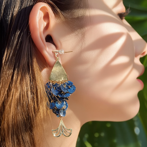 Fashion Drop Earrings 316L Stainless Steel PVD Gold Plating Sustainable Resistant <b>Blue</b> Sequin Dangle Design - Product Image 3