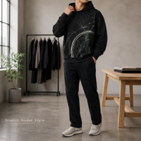 Sweat à capuche noir Original Forest Orbit avec motif abstrait inspiré du web, pull unisexe pour streetwear, collection printemps, ODM, respirant, en tissu multicouche