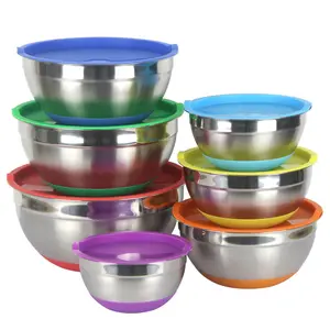 Mixing Bowls Wholesale Stainless Steel Silicone Antiskid Basin Colorful Kitchen Mixing Salad Bowls Set With Airtight Lids