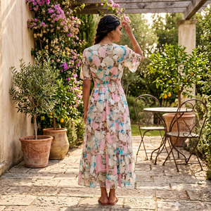 Free Size Y2K Simple <b>Boho</b> Indian Woven Silk A-Line Maxi Floral Print Korean <b>Summer</b> V-neck Flare Sleeve Breathable Casual <b>Dress</b> - Product Image 2