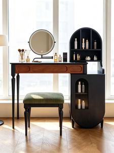 Premium Arched Hutch Makeup <b>Vanity</b> Set Fluted Glass Side Cabinet With <b>Mirror</b> & Corduroy Stool For Bedroom - Product Image 5