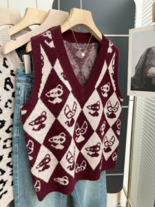 Women V Neck <b>Argyle</b> Knit <b>Sweater</b> Vest Cartoon Cat Pattern Sleeveless Vintage Loose Waistcoat Streetwear Casual Layering Tank Top - Product Image 1