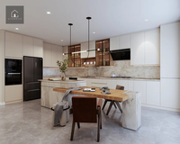 Armoires de cuisine modernes blanches XINGRUO avec îlot en marbre et table à manger en bois, fabriquées sur mesure pour la maison