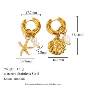 Boucles d'oreilles pendantes asymétriques Hawaïennes en acier inoxydable 316L plaqué or 14k 18k avec perles et étoiles de mer pour femme - Product Image 6