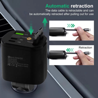 Chargeur de voiture rétractable USB-C universel 5-en-1 avec éclairage LED Starlight, charge rapide double PD 35W pour téléphone et écouteurs