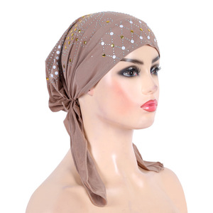 Gorros Turbantes de Lentejuelas Sólidas Elásticos y Suaves al por Mayor para Mujeres Árabes Musulmanas, Gorros con Pedrería para Mujer - Product Image 4