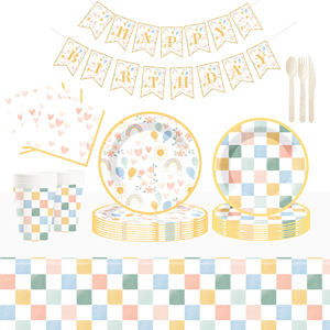 DAMAI Kids Happy Birthday Party Supplies Rainbow Macaroon Checkered Round Shape <b>Disposable</b> <b>Tableware</b> Paper Napkins Cups Plates - Product Image 3