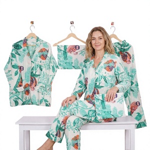 Ensemble de pyjama pour femmes en coton 100% à imprimé floral, manches longues, coupe ample, fermeture à boutons, vêtements décontractés d'été - Product Image 1