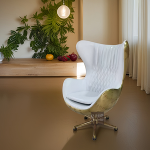 Chaise pivotante moderne en cuir véritable blanc avec dos en métal et laiton pour les loisirs, mobilier pour le salon, la salle à manger et l'hôtel - Product Image 6