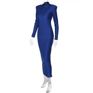 Cuello alto Midi Bodycon Vestido Otoño Invierno Mujer Casual Manga larga S M L Vestido de talla grande Delgado Elástico Mujer Negro Azul Verde - Product Image 5