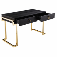 Bureau d'écriture noir et or avec deux tiroirs, bureau d'ordinateur moderne de luxe, structure en acier inoxydable doré, mobilier de bureau à domicile