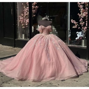 Pink Off Shoulder Ball Gown Sequined Lace Tulle Corset Sweet Prom Dress Natural Waistline - Product Image 4
