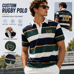 Polo de rugby rayé personnalisé pour homme, manches courtes, coton Oxford, logo brodé, style preppy, coupe classique - Product Image 1