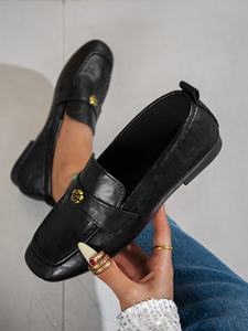 Mocassins noirs pour femmes avec décor camélia, chaussures plates en <span class=keywords><strong>cuir</strong></span> souple à bout carré, chaussures décontractées à enfiler pour le bureau - Product Image 5