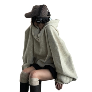 Suéter de punto de lana de color liso con capucha, holgado, de longitud media, manga larga, con botones semiabiertos, moda femenina - Product Image 1