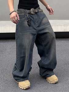 Hip Hop Erkek Rahat Eskitme Efektli Bol Paça Geniş Bacak Kot Pantolon Yıkanmış Düz Paça Kot Erkek Kot Pantolonu - Product Image 3