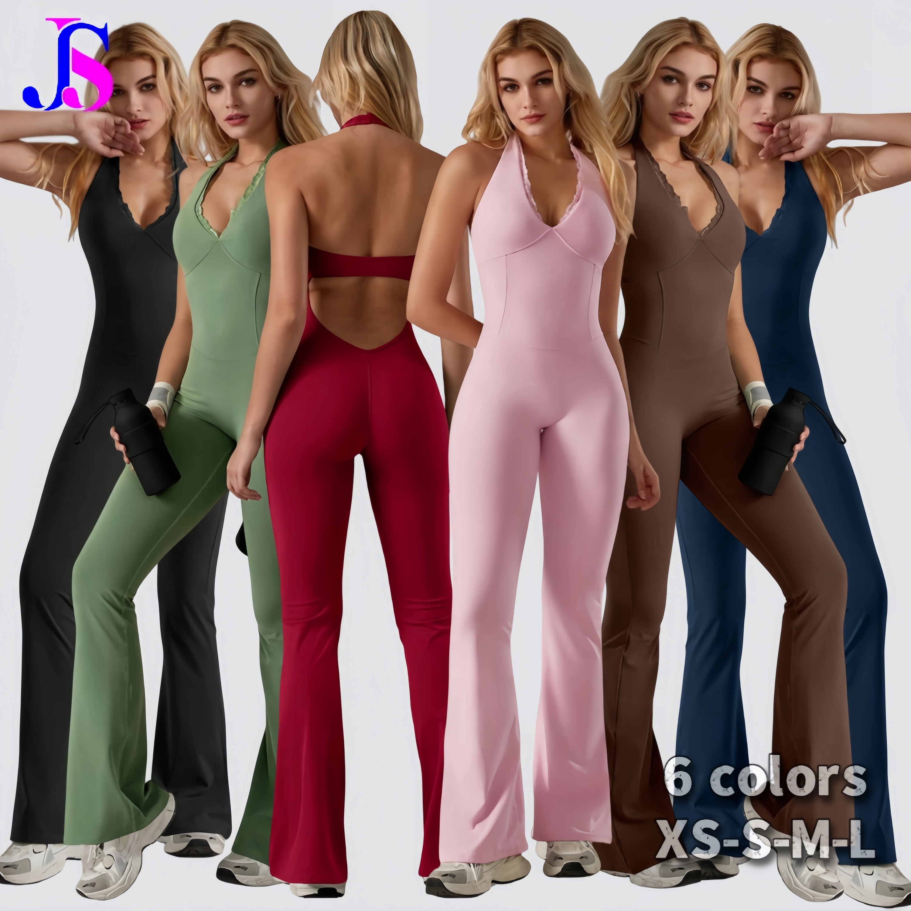Women Halter Bra with Cups Flared Leggings Yoga Jumpsuits Workout Running Clothes Sportswear Gym Fitness Bodysuit Activewear