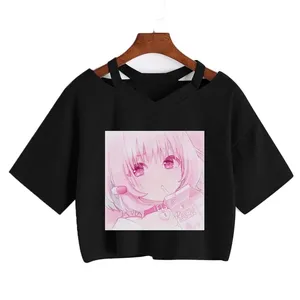 Women Fashion Cute clothes kawaii Print Tee Punk Short sleeve T-Shirt Casual Loose Pink Anime Graphic V-neck Crop Top streetwear