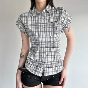 Camisa de Verano Europea, Sexy y Chic, a Cuadros, con Botones, Manga Corta, Corte Ajustado, Cintura Ajustada, Estilo Cárdigan - Product Image 5