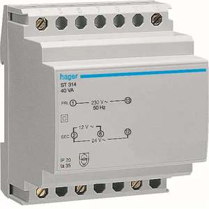 Transformateur de sécurité personnalisable ST314 avec transformateur de sécurité Hagers 230V - 12 - 24V AC 40VA 4 modules DIN - Product Image 1