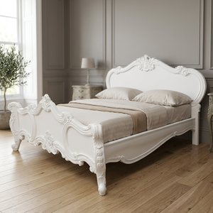 Cama King-Size de Lujo Estilo Luis Rococó Francés, Madera de Caoba Tallada, Diseño Moderno de Pared, Color Blanco, Juego de Muebles para Dormitorio, Desmontable - Product Image 2