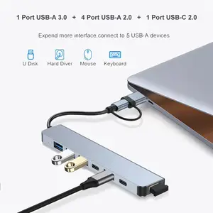 7合1移动便携式小型双头USB/C型3.0 USB集线器PD5W传输1 C型USB端口集线器