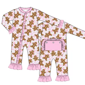 Personnalisation bébé Noël barboteuse pyjamas ensemble frères et sœurs à volants à manches longues pain d'épice impression tenue pour petites filles