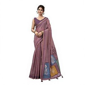 Sari de Algodón Morado para Mujer con Parches Florales, Ropa Casual Tradicional India, Largo hasta el Suelo, Corte Regular - Product Image 1
