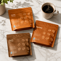 Ensemble de sachets à café marron avec fermeture éclair auto-scellante, finition mate, fond plat, sachet stand-up, impression artistique personnalisée pour petite torréfieuse