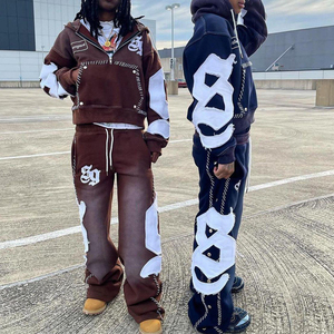 Custom Men Hoodies and Sweat Pants Set Acid Wash <strong>100</strong>% Cotton <strong>Tracksuit</strong> Distressed Embroidery Flared Sweatpants and Hoodie Set - Product Image 2