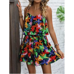 Combinaison d'été bohème pour femme à bretelles spaghetti, à volants superposés, en mousseline, sans manches, robe de vacances - Product Image 4
