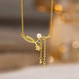 Collana da donna di lusso leggero stile francese, con diamanti colorati, <span class=keywords><strong>perle</strong></span> a cometa e catena in bambù, sportiva, di nicchia, di alta gamma - Product Image 6