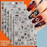 Autocollants pour ongles d'Halloween, style vintage argenté en relief, formes de crânes d'araignées, design européen-américain