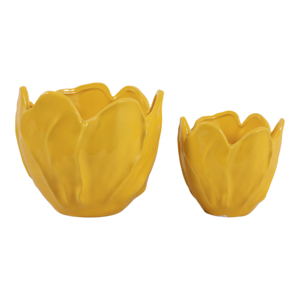 Vasi in ceramica a forma di fiore, design tulipano giallo, decorativi per interni ed esterni, set di due. - Product Image 5