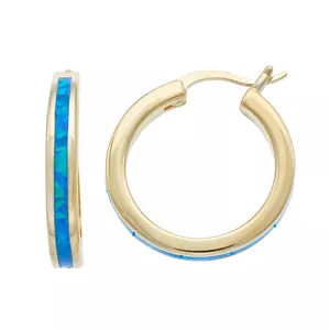 Fashion High Quality Thick 14K Gold Over Silver Lab-Created Blue Opal-Cut Polished And Satin Hoop Huggie Earrings For Women