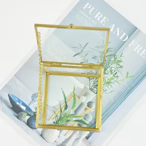 European Luxury Gold Cosmetic Storage Trinket Box Glass Jewelry Box With Brass Frame