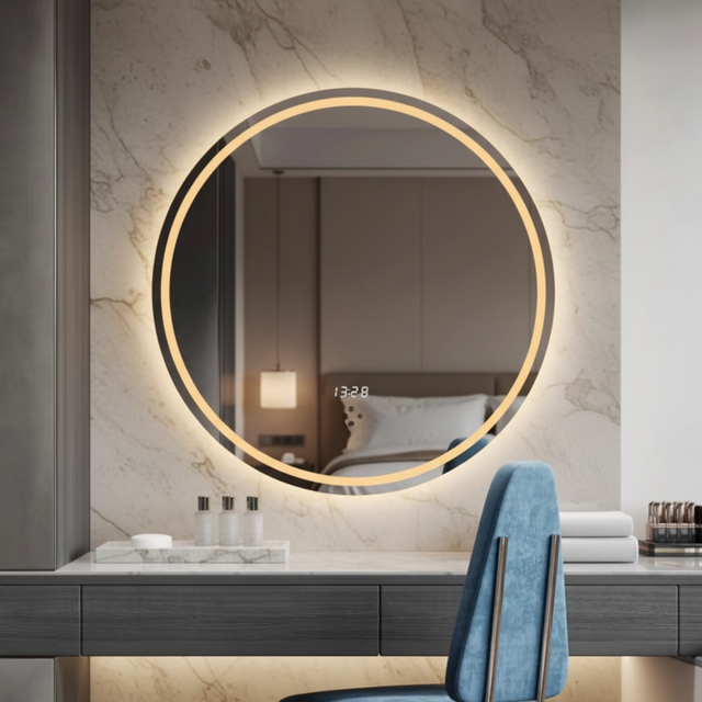 Modern Luxury Round Smart LED Bathroom Mirror with Digital Clock Touch Sensor Backlit Anti-fog Circular Wall Mirror for Hotel