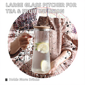 เหยือกน้ำแก้วโบโรซิลิเกตคุณภาพสูงทันสมัยพร้อมฝาปิด ความจุขนาดใหญ่ โปร่งใส สำหรับใช้ในครัวเรือน หุ้มด้วยไม้ไผ่ สำหรับใส่ชาและผลไม้ - Product Image 2