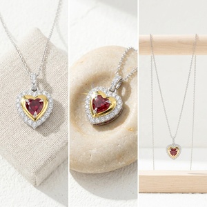 Cadeau romantique pour elle, bijoux en argent 925, plaqué double couleur, pierre précieuse cultivée en laboratoire, pendentif en forme de cœur, rubis, collier - Product Image 3